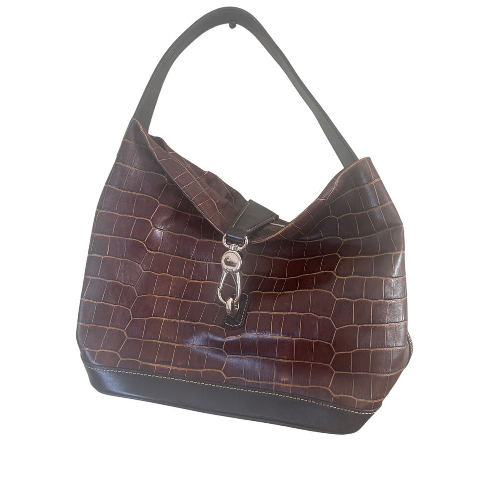 Dooney & Bourke Brown Croco Embossed Leather Logo Lock Hobo Bag